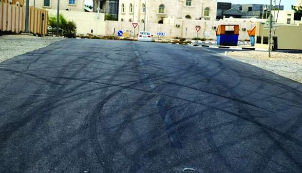 Tyre marks resulting from stunt driving as seen on Al Rekab Street, which comes under Zone 90, and in Al Wakrah Municipality.
