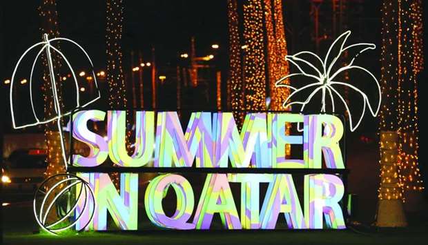 A life size signage of the Qatar National Tourism Council's (QNTC) 'Summer in Qatar' (SiQ) 2019 programme illuminates a portion of the Corniche in the West Bay area. PICTURE: Ram Chand.