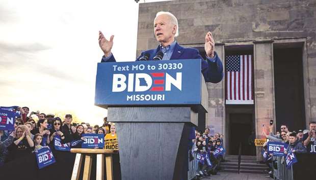 Democratic presidential candidate Joe Biden speaks to the crowd during the Joe Biden Campaign Rally at the National World War I Museum and Memorial on March 7 in Kansas City, Missouri. Biden wants the Fed to u201caggressivelyu201d target inequality, even leaving open the possibility of asking Congress to create a third mandate for the central bank.