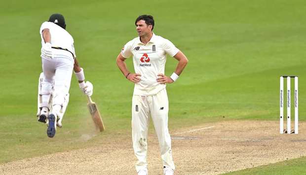 Englandu2019s James Anderson reacts as Pakistan pile on the runs on the second day of the first Test at Old Trafford in Manchester, United Kingdom, on August 6, 2020. (Reuters)