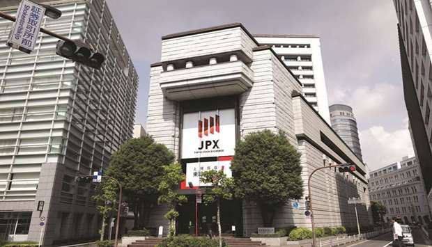 An external view of the Tokyo Stock Exchange building. The Nikkei 225 closed up 1.9% to 22,750.24 points yesterday.