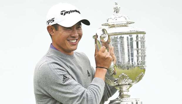 Collin Morikawa poses with the Wanamaker Trophy after winning the 2020 PGA Championship golf tournament at TPC Harding Park. (USA TODAY Sports)