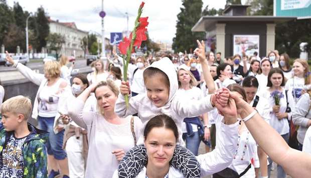 Women in white protest in Minsk against police violence during recent rallies of opposition supporters.
