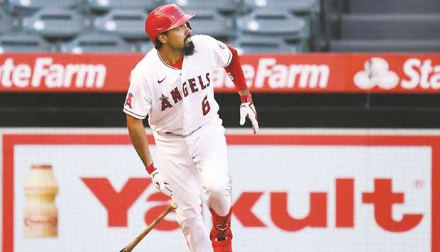 Los Angeles Angels infielder Anthony Rendon hits a two-run home run against the Oakland Athletics at Angel Stadium in Anaheim, California, USA. (USA TODAY Sports)