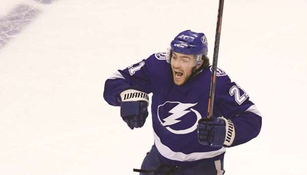 Tampa Bay Lightning forward Brayden Point celebrates scoring the winning goal in the fifth period of overtime for a 3-2 win over Columbus in game one of the first round of the 2020 Stanley Cup Playoffs at Scotiabank Arena in Toronto. (USA TODAY Sports)