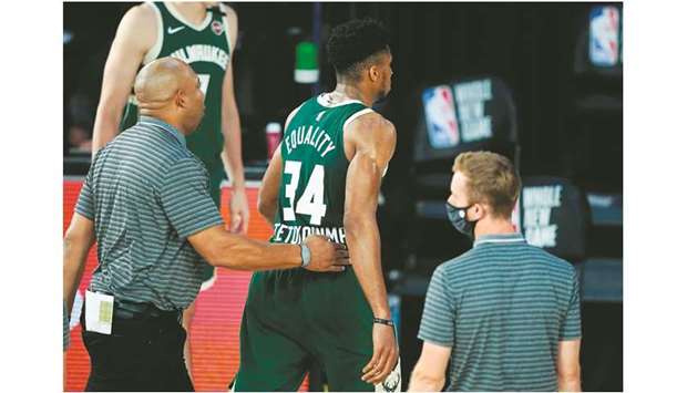 In this file photo taken on August 11, 2020, Giannis Antetokounmpo of the Milwaukee Bucks walks off the court after he is ejected during the first half of theira NBA game gainst the Washington Wizards in Lake Buena Vista, Florida. (Getty Images/AFP)