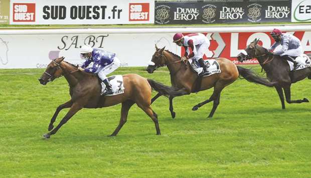 Olivier Peslier rides Artemis to victory in the Prix Nevadour (Group 3 PA) at La Teste in France yesterday. (Robert Polin)