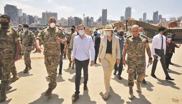 US Under Secretary of State for Political Affairs David Hale and US ambassador to Lebanon Dorothy Shea visit the site of a massive explosion at Beirutu2019s port, yesterday.
