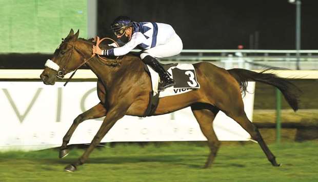 Jerome Cabre rides Hajadie Du Croate to victory in the Prix Magnesie at Vichy in France on Saturday evening. (C. Morlat)