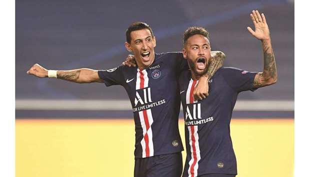 PSGu2019s Angel Di Maria celebrates scoring their second goal with teammate Neymar.