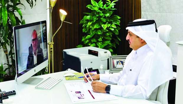 Sheikh Khalifa bin Jassim bin Mohammed al-Thani speaking at the video conference.rnrn