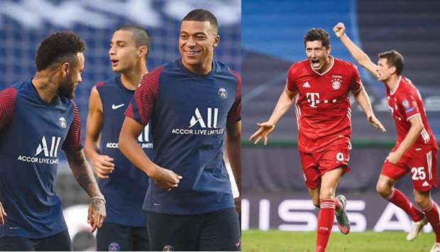 PSGu2019s Kylian Mbappe (right) laughs with teammate Neymar during a training session at the Luz stadium in Lisbon yesterday. (AFP) Right: Bayern Munichu2019s Robert Lewandowski (left) celebrates with teammate Thomas Mueller after scoring a goal during the UEFA Champions League semi-final against Lyon in Lisbon on Wednesday. (AFP)
