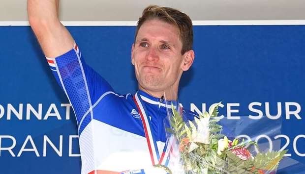 Gold medallist Arnaud Demare celebrates during the podium ceremony after winning the French elite men road cycling championship in Grand Champ, western France, yesterday. (AFP)