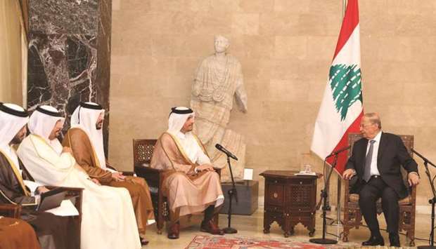 HE the Deputy Prime Minister and Minister of Foreign Affairs Sheikh Mohamed bin Abdulrahman al-Thani during his meeting with Lebanese President Michel Aoun