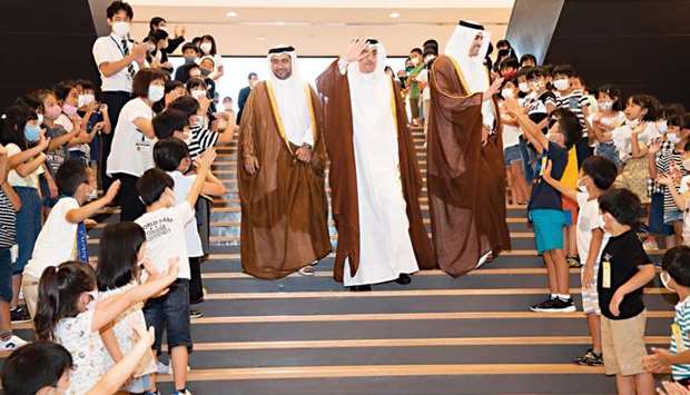 Qatari diplomats being greeted by students of the Onagawa school during its inaugural programme