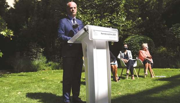 French Education, Youth and Sports Minister Jean-Michel Blanquer delivers a press conference on the restart of school ahead of the new school year in the garden of the French education ministry in Paris yesterday, amid the Covid-19 pandemic.