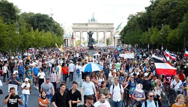 Demonstrators attend a rally against the government's restrictions following the coronavirus disease (COVID-19) outbreak, in Berlin, Germany