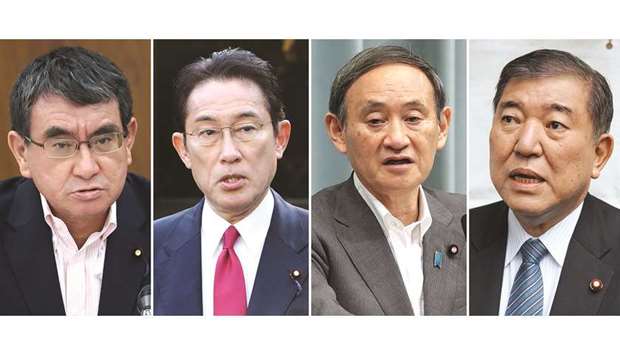 This combination image of four undated photographs shows (from left) Defence Minister Taro Kono, Liberal Democratic Party (LDP) member Fumio Kishida, Japanu2019s Chief Cabinet Secretary Yoshihide Suga, and LDP member Shigeru Ishiba, who are contenders to replace Shinzo Abe as the countryu2019s prime minister. The race to succeed Abe kicked off informally on August 29, with several contenders announcing their plans to stand, a day after Japanu2019s longest-serving leader announced his resignation.