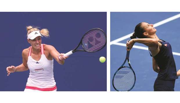 Angelique Kerber of Germany returns a shot during her US Open womenu2019s singles first round match against Ajla Tomljanovic (not pictured) of Australia on Day One of the 2020 US Open at the USTA Billie Jean King National Tennis Center in the Queens borough of New York City, United States, yesterday. (Right) Karolina Pliskova of the Czech Republic serves against Anhelina Kalinina (not pictured) of the Ukraine. (AFP)