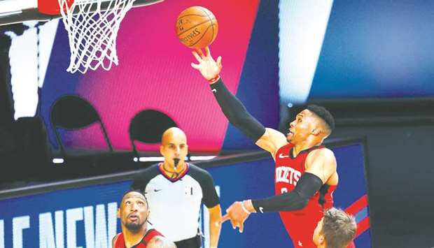 Russell Westbrook of the Houston Rockets goes up for a shot against the Milwaukee Bucks during their NBA game at The Arena in Lake Buena Vista, Florida. PICTURE: USA TODAY Sports