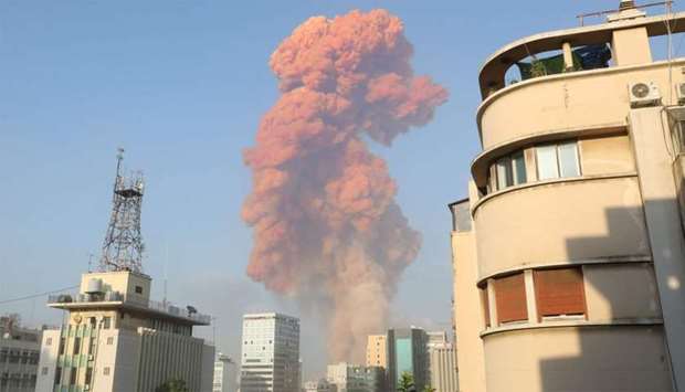 A picture shows the scene of an explosion in Beirut