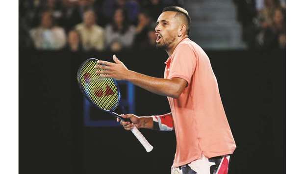 Australiau2019s Nick Kyrgios reacts during his Australian Open match against Spainu2019s Rafael Nadal in Melbourne on January 27, 2020. (Reuters)