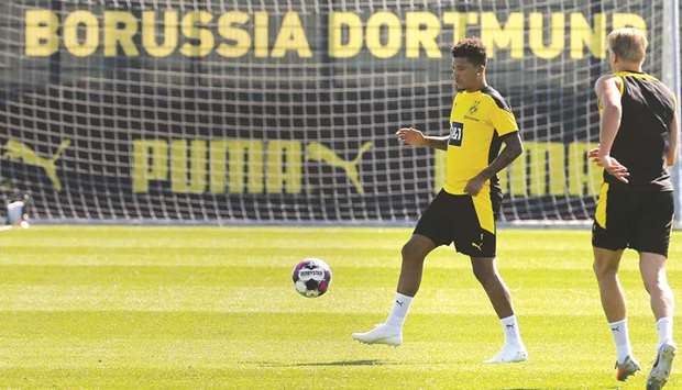 Borussia Dortmundu2019s Jadon Sancho trains yesterday. (Reuters)