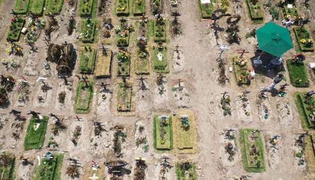 Aerial view of graves at the special area for Covid-19 victims of the Municipal Pantheon of Valle de Chalco, State of Mexico, on August 5