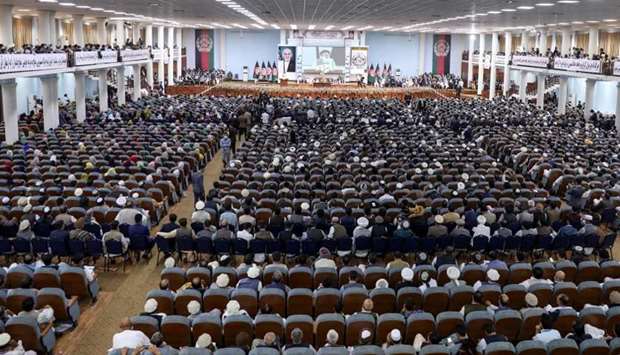 People attend the Loya Jirga, a grand assembly, at the Loya Jirga Hall in Kabul to decide whether to release about 400 Taliban prisoners.