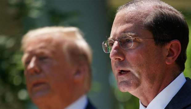 US Secretary of Health and Human Services Alex Azar (R) a senior member of US President Donald Trump's administration, landed in Taiwan