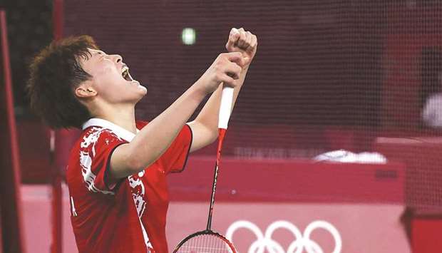 Chen Yufei of China reacts after winning the singles final against Tai Tzu-Ying (not pictured) of Taiwan at the Musashino Forest Sport Plaza in Tokyo yesterday. (Reuters).