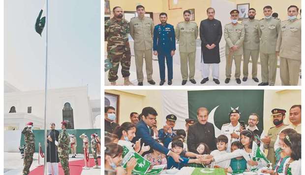 Clockwise from left: Ambassador of Pakistan Syed Ahsan Raza hoisting the national flag, Ambassador Raza with the personnel of the Pakistani military, and Ambassador Syed Ahsan Raza and officers of the Pakistan embassy cutting the celebratory cake with children.