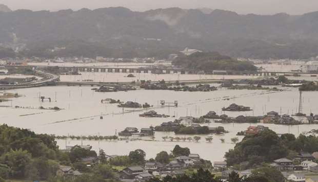 An overview of an residential area caused by a torrential rain in Takeo, Saga prefecture, Japan.