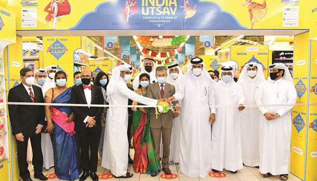 India's ambassador to Qatar, Dr Deepak Mittal, joins Qatar Chamber first vice chairman Mohamed bin Towar al-Kuwari and other dignitaries during the ribbon-cutting ceremony of 'India Ustav 2021' held on Sunday at LuLu Hypermarket Al Gharafa.