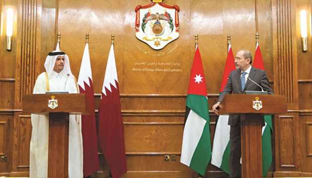 HE Sheikh Mohamed bin Abdulrahman al-Thani and Dr Ayman al-Safadi during a joint press conference in Amman on Monday.