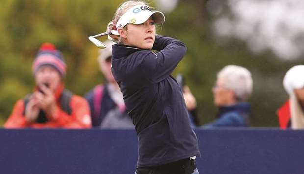 Nelly Korda of the US in action during the first round of the AIG Womenu2019s Open in Carnoustie, Scotland, yesterday. (Reuters)