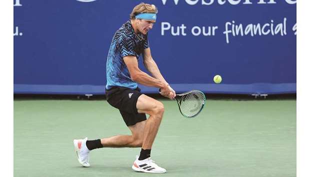 Alexander Zverev of Germany plays a backhand during his match against Lloyd Harris of South Africa at the Western & Southern Open in Mason, Ohio. (Getty Images/AFP)
