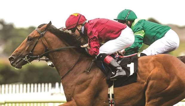 Declan McDonagh (left) rides Buckaroo to victory in the Irish Stallion Farms EBF Maiden in Galway, Ireland, on Saturday. (Racing Post)