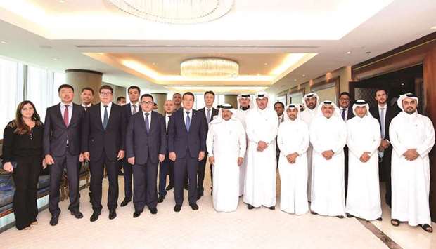 QBA chairman HE Sheikh Faisal bin Qassim al-Thani and QBA members join Kazakhstan First Deputy Prime Minister Alikhan Smailov and his accompanying delegation during a meeting held in Doha.
