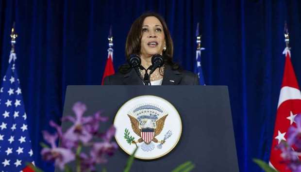 US Vice President Kamala Harris delivers a speech at Gardens by the Bay in Singapore before departing for Vietnam on the second leg of her Asia trip, August, 24, 2021.
