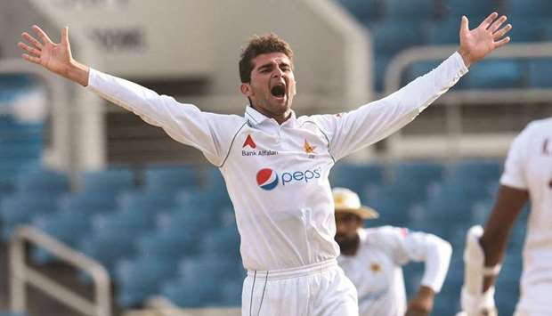 Shaheen Afridi of Pakistan celebrates the dismissal of Kyle Mayers of West Indies during the 5th and final day of the 2nd Test at Sabina Park, Kingston, Jamaica, yesterday. (AFP)