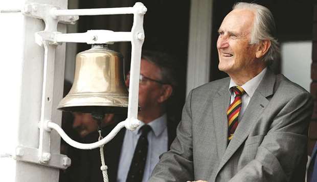 In this file photo taken on August 10, 2018, former England captain Ted Dexter rings the 5-minutes to go bell before the start of play on the second day of the second Test between England and India at Lordu2019s Cricket Ground in London. (AFP)