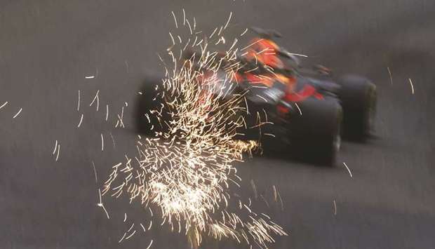 Sparks are seen from the car of Red Bullu2019s Max Verstappen during practice round of the Belgian Grand Prix at Spa-Francorchamps in Belgium yesterday. (Reuters)