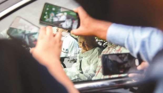  President Lopez Obrador is seen inside a truck as protesting teachers block his way from entering the VII Military Region, where he was due to hold his daily televised news conference, in Tuxtla Gutierrez, in Chiapas state.