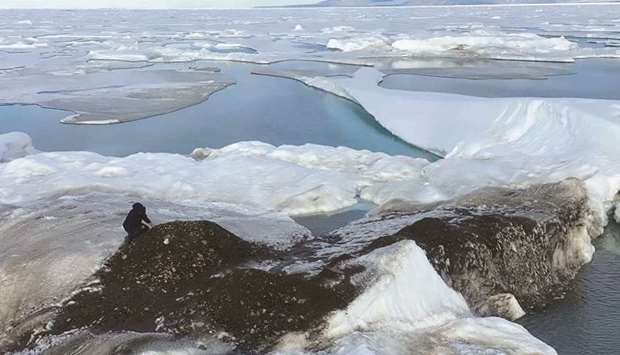 An undated handout image of Henrik Lassen of the Leister Expedition, which discovered a tiny island off the coast of Greenland, in the process of collecting samples for later scientific analysis.