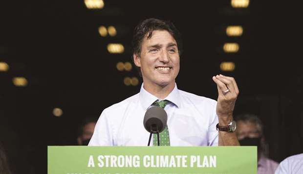 Prime Minister Justin Trudeau speaks during a campaign event at VeriForm in Cambridge, Ontario, yesterday.