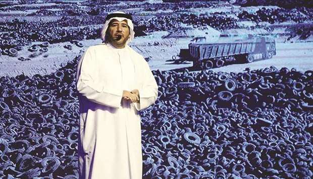 Director general and chairman of the board of Kuwaitu2019s environment public authority (EPA) Sheikh Abdullah al-Ahmad al-Sabah speaks during a ceremony in Kuwait City yesterday, announcing the total transfer of hundreds of tonnes of discarded tyres from the Rahiya area, one of the worldu2019s biggest tyre dumps, 35km west of the capital, to the Salmi border area, ahead of recycling.