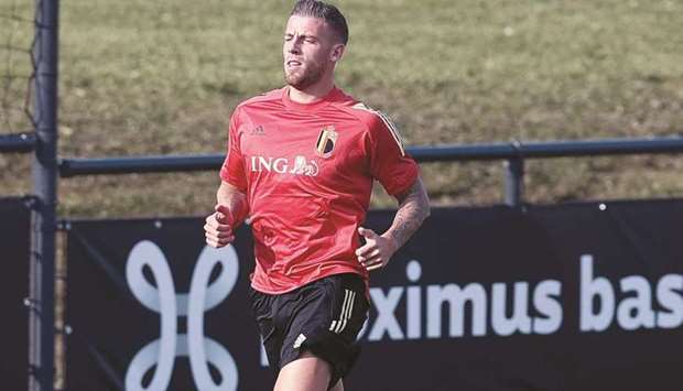 Belgiumu2019s Toby Alderweireld attends a training session yesterday. (AFP)