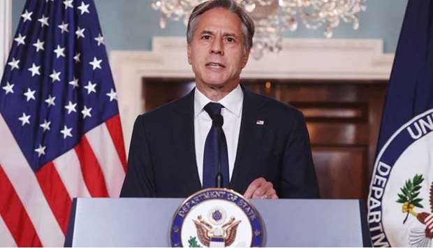 US Secretary of State Antony Blinken delivers remarks following talks on the situation in Afghanistan, at the State Department in Washington, DC.