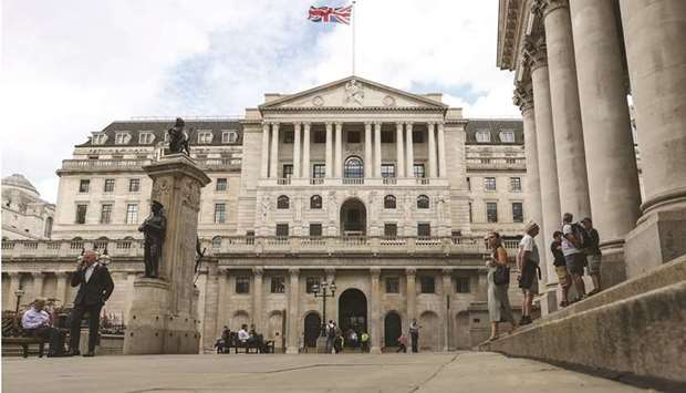 The Bank of England building in the City of London. The BoE set out how it would ease the economy off the huge support provided during the Covid-19 pandemic and said a u2018modestu2019 tightening of policy lay ahead, but it kept its stimulus at full speed despite a jump in inflation.